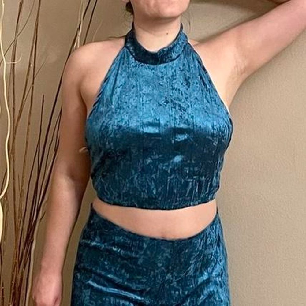 Blue Crushed Velvet Crop Halter Top - Picture 2 of 3